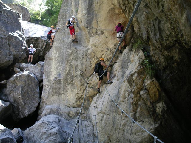 ÖTK-Klettersteig: Alexander, Tobias, Christoph, Wolfgang und Doris bei der zweiten Brücke (7. Juli)