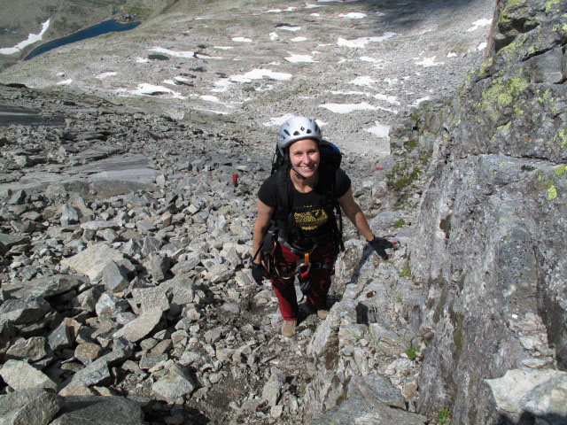 Säuleck-Klettersteig: Manuela auf der großen Rampe (9. Juli)