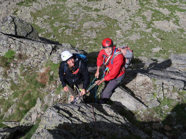 Sauspitze-Westgrat: Frank und Josef am Stand nach der 1. Seill&auml;nge